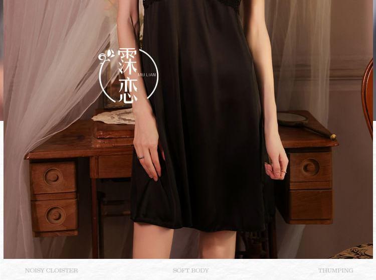 Spaghetti Strap V-Neck Plain Panel Lace Nightdress Product Image