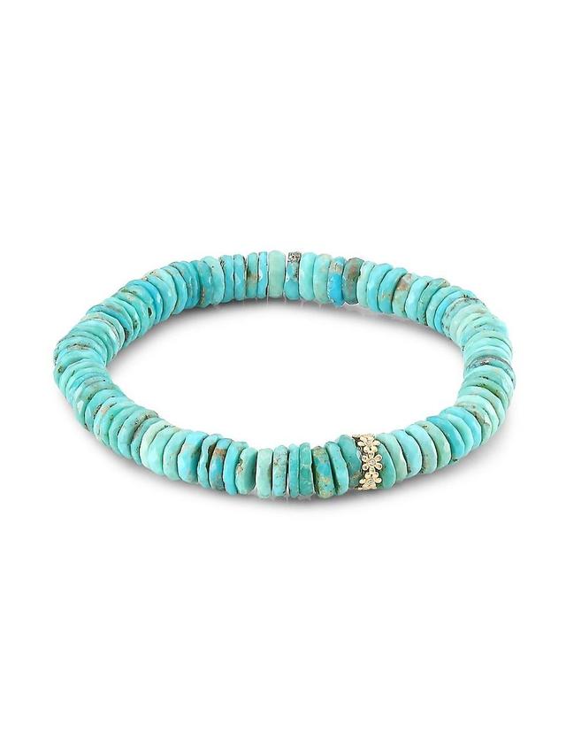 Womens Arizona Turquoise, 14K Yellow Gold & Diamond Flower Spacer Beaded Bracelet Product Image