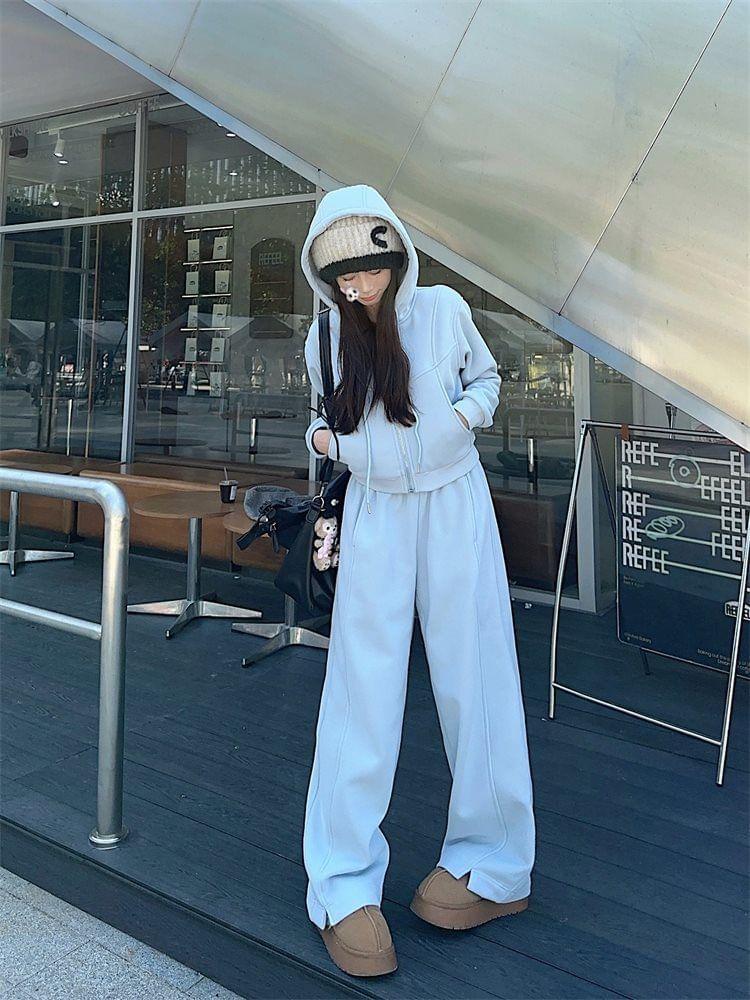 Plain Zip-Up Crop Hoodie / High Waist Slit Wide Leg Sweatpants Product Image