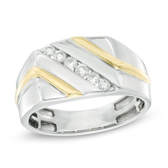 Men's 1/4 CT. T.w. Diamond Slant Anniversary Band in 10K Two-Tone Gold Product Image