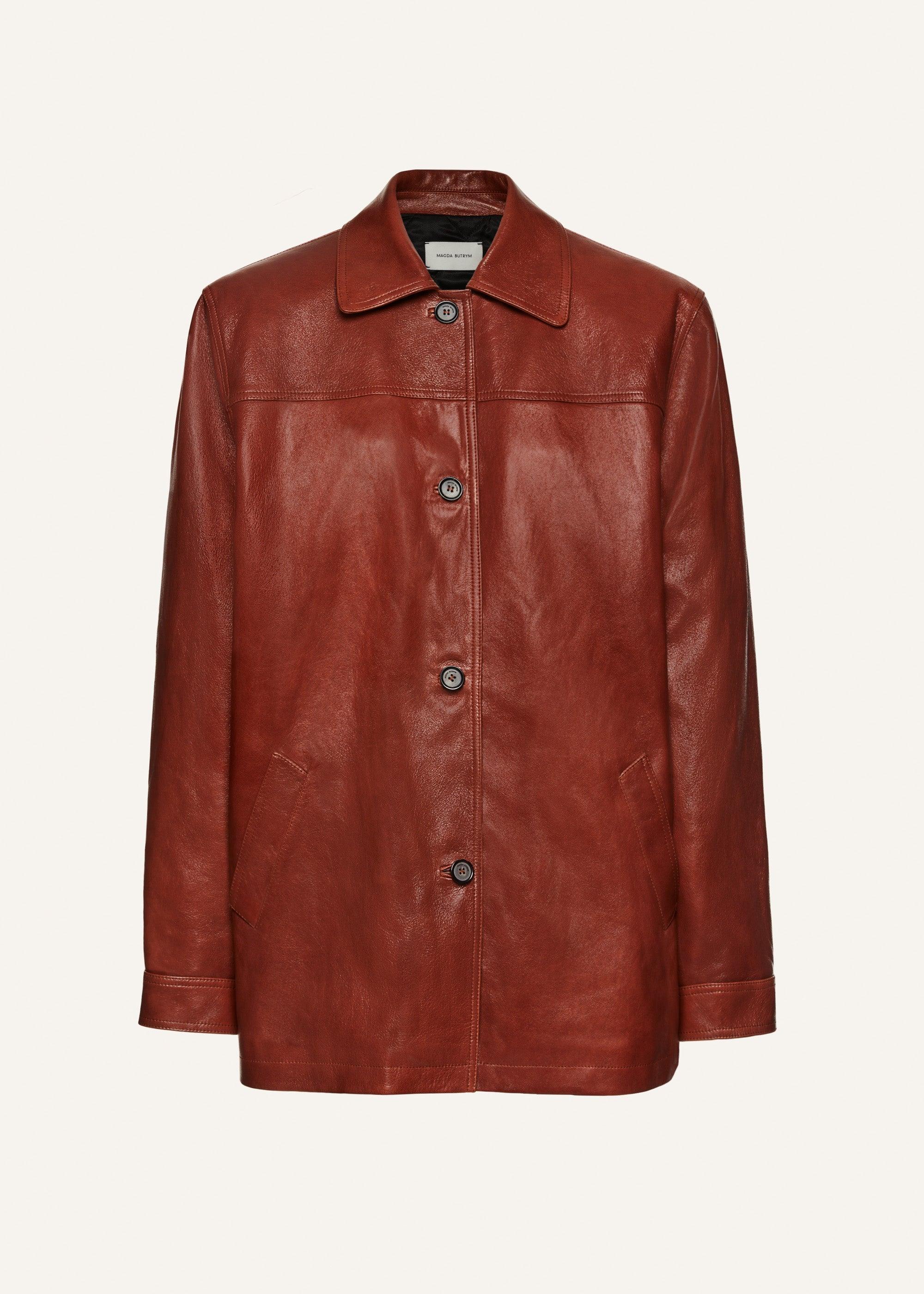 Oversized leather button up jacket in camel Product Image