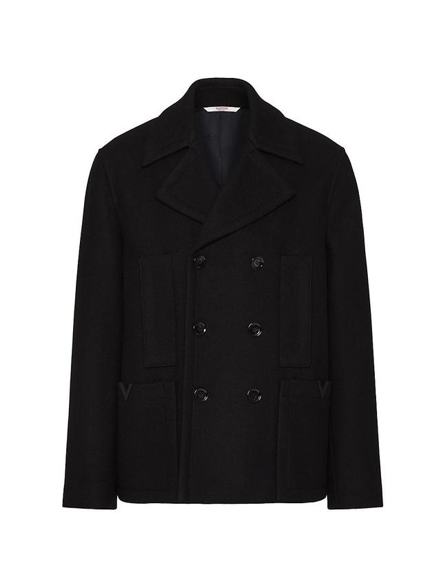 Mens Technical Wool Cloth Peacoat With Rubberized V Detail Product Image