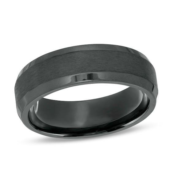 Men's 7.0mm Satin Center Beveled Edge Comfort-Fit Band in Black Titanium Product Image