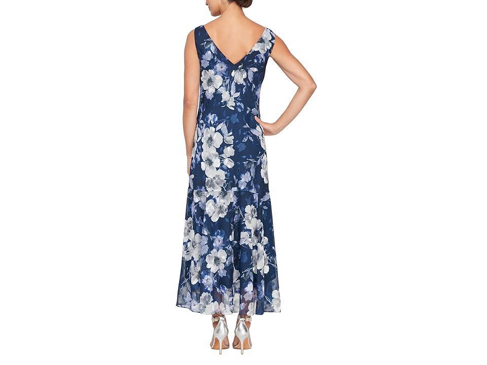 Alex Evenings Tea Length Chiffon Printed Burnout Dress (Navy Multi) Women's Dress product image