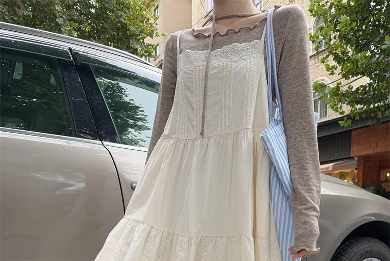 Long-Sleeve Plain Top / Sleeveless Maxi A-Line Dress Product Image