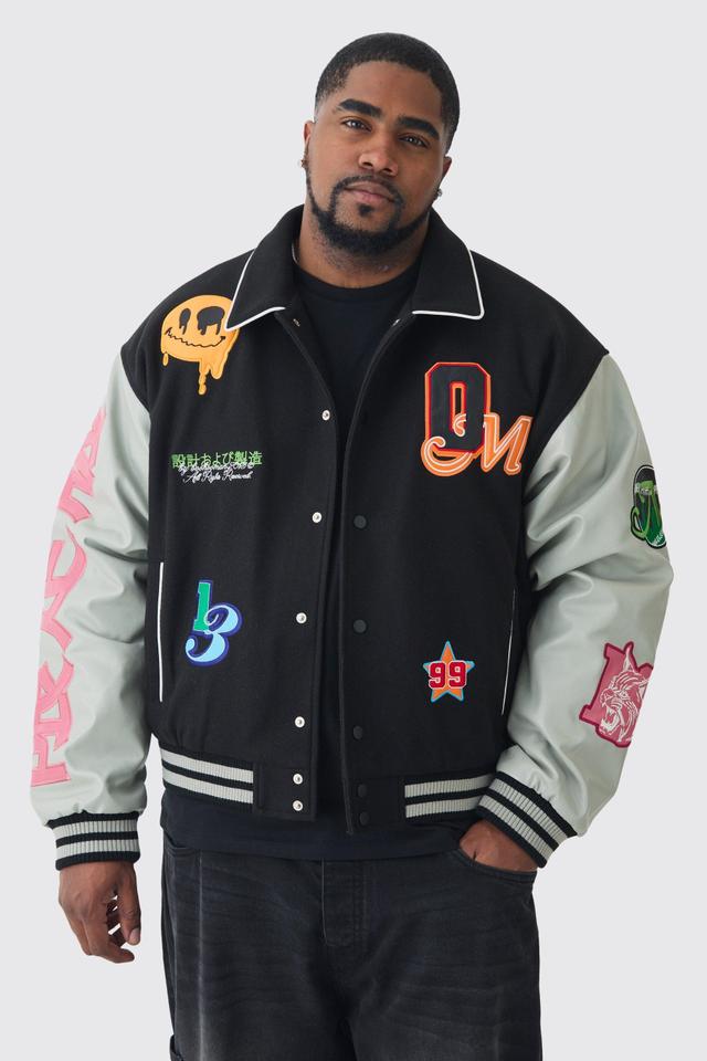 Plus Boxy Melton PU Varsity Badge Jacket | boohooMAN USA Product Image