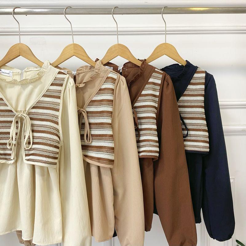 Long Sleeve Crew Neck Striped Mock Two Piece Blouse Product Image