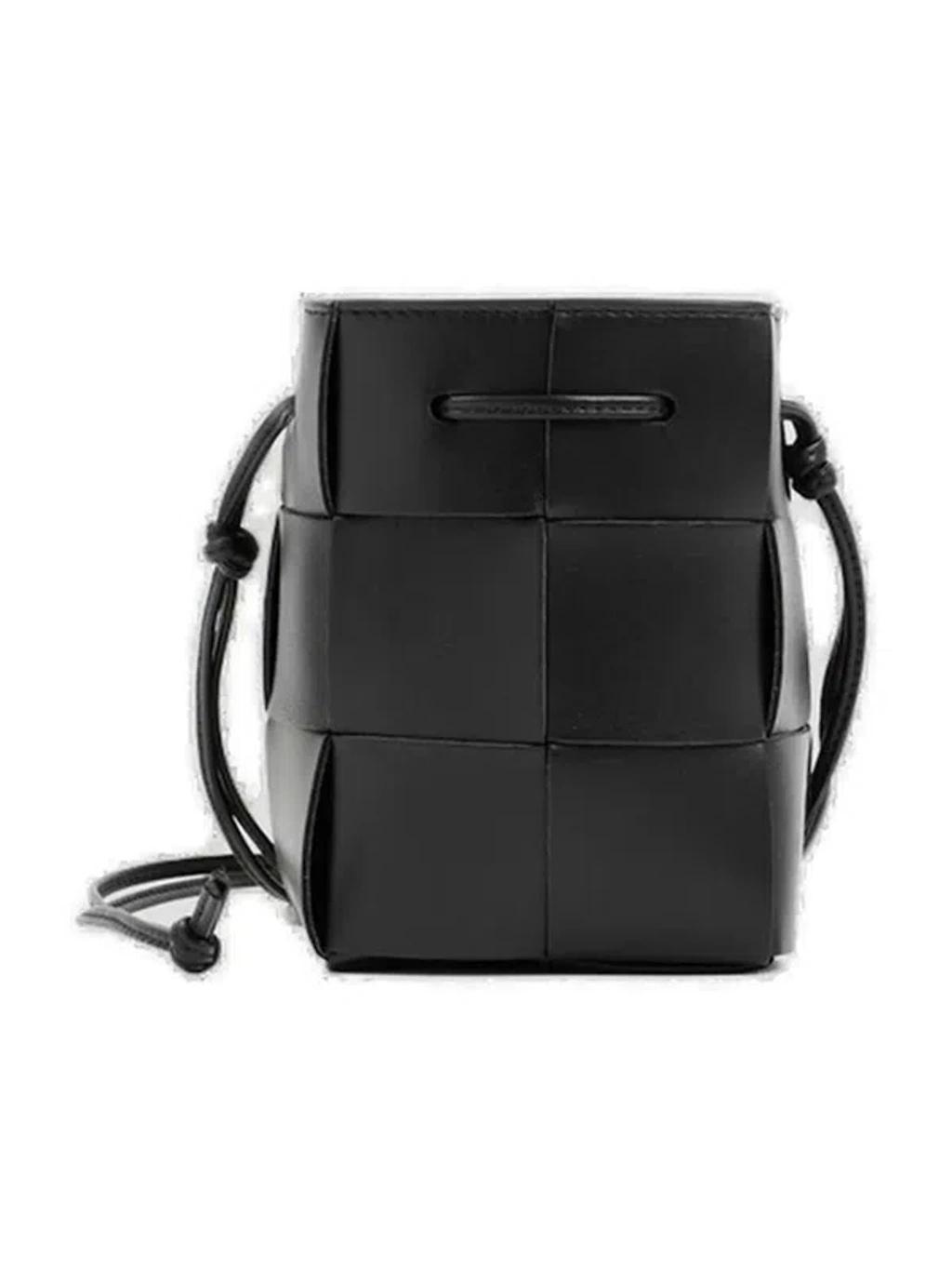 Mini Leather Bucket Bag With Woven Design In Black Product Image