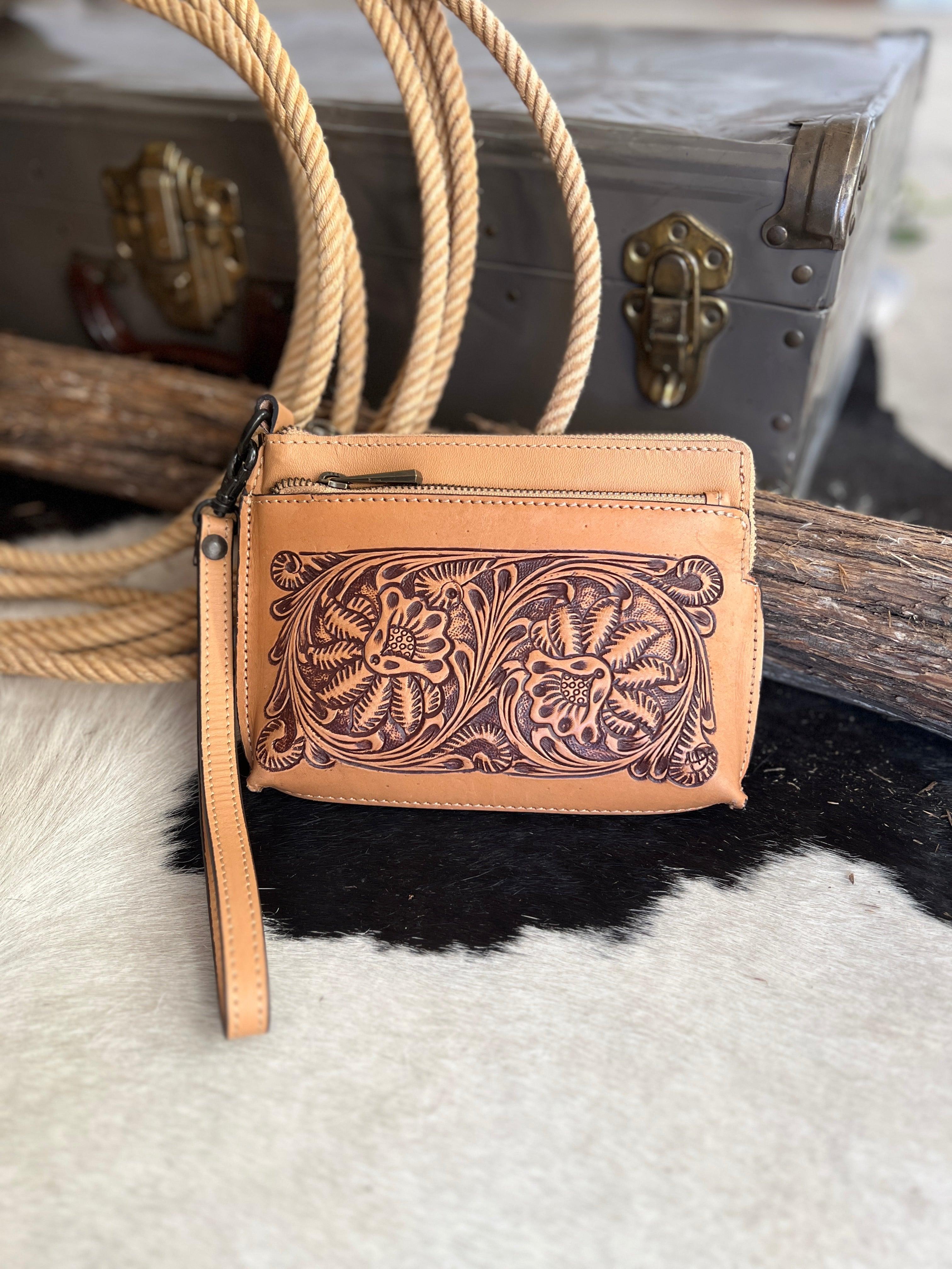 Darling Small Hand Tooled Leather Wristlet Pouch Bag product image