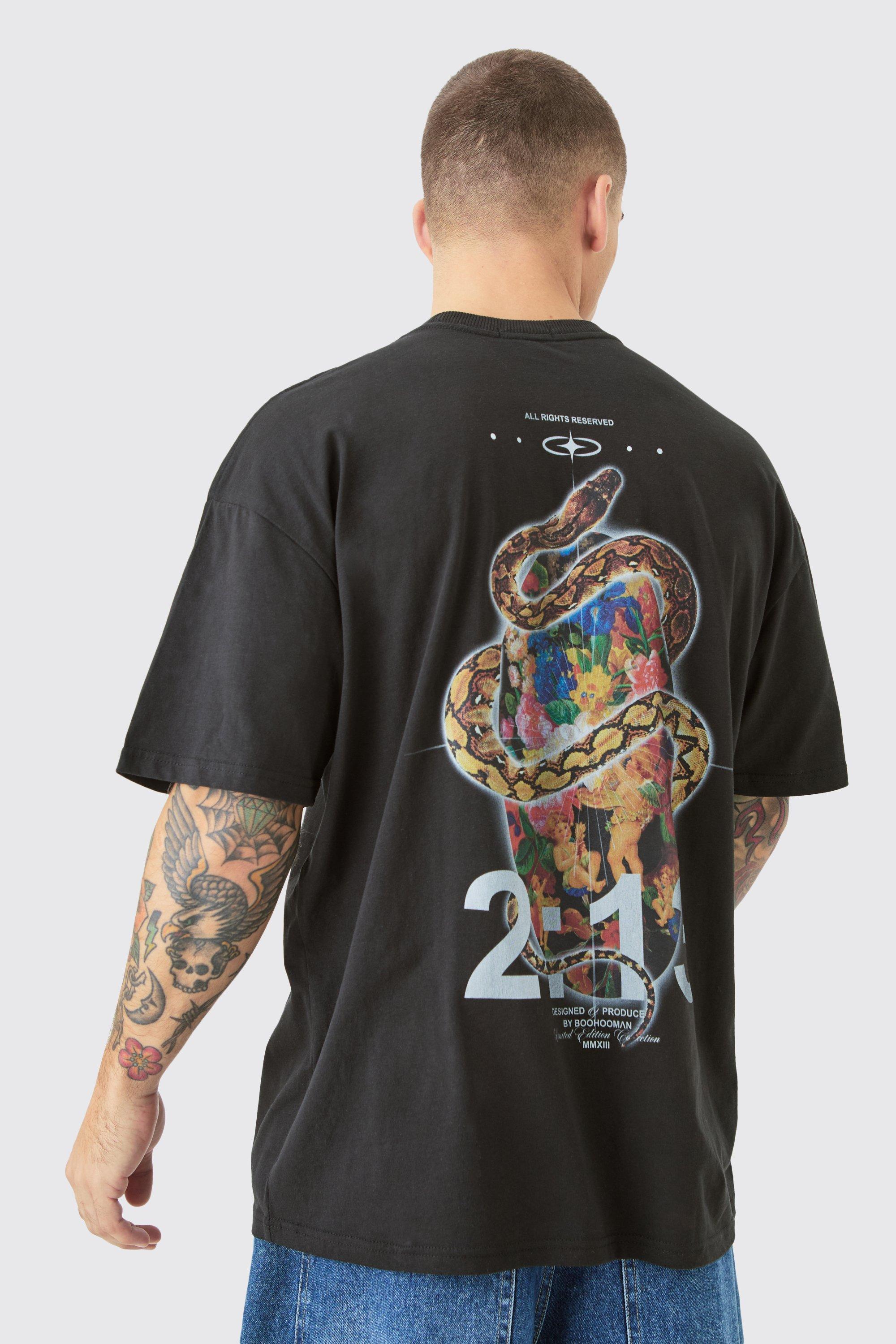 Mens Black Oversized Snake Renaissance Back Print T-shirt, Black Product Image