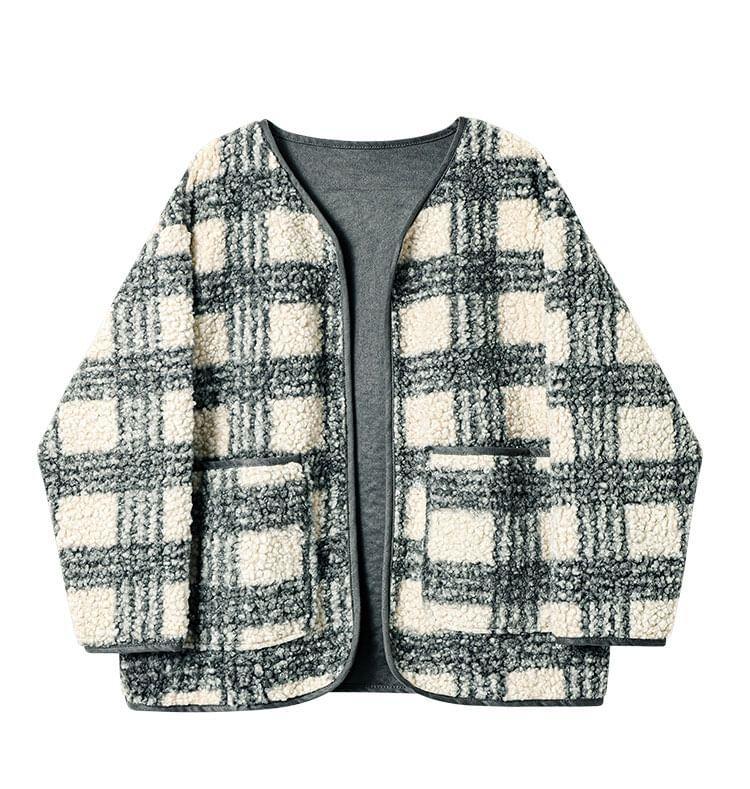 Plaid Fleece Open Front Jacket Product Image