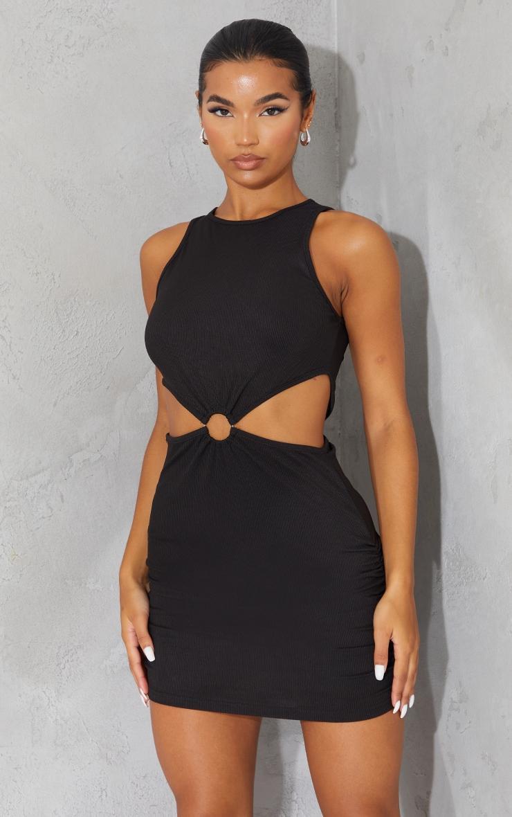 Black Ribbed Ring Detail Waist Cut Out Sleeveless Bodycon Dress Product Image