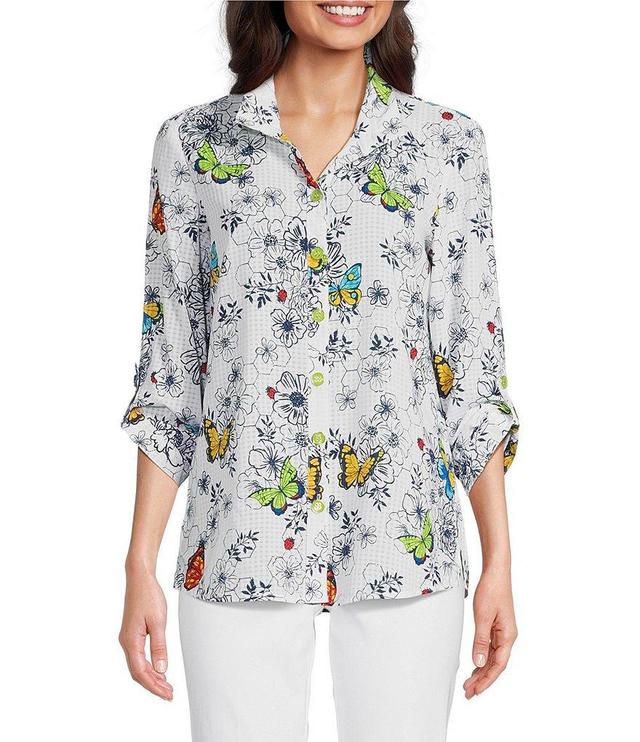 Ali Miles Woven Burnout Print Wire Collar 3/4 Roll-Tab Sleeve Button-Front Tunic Product Image