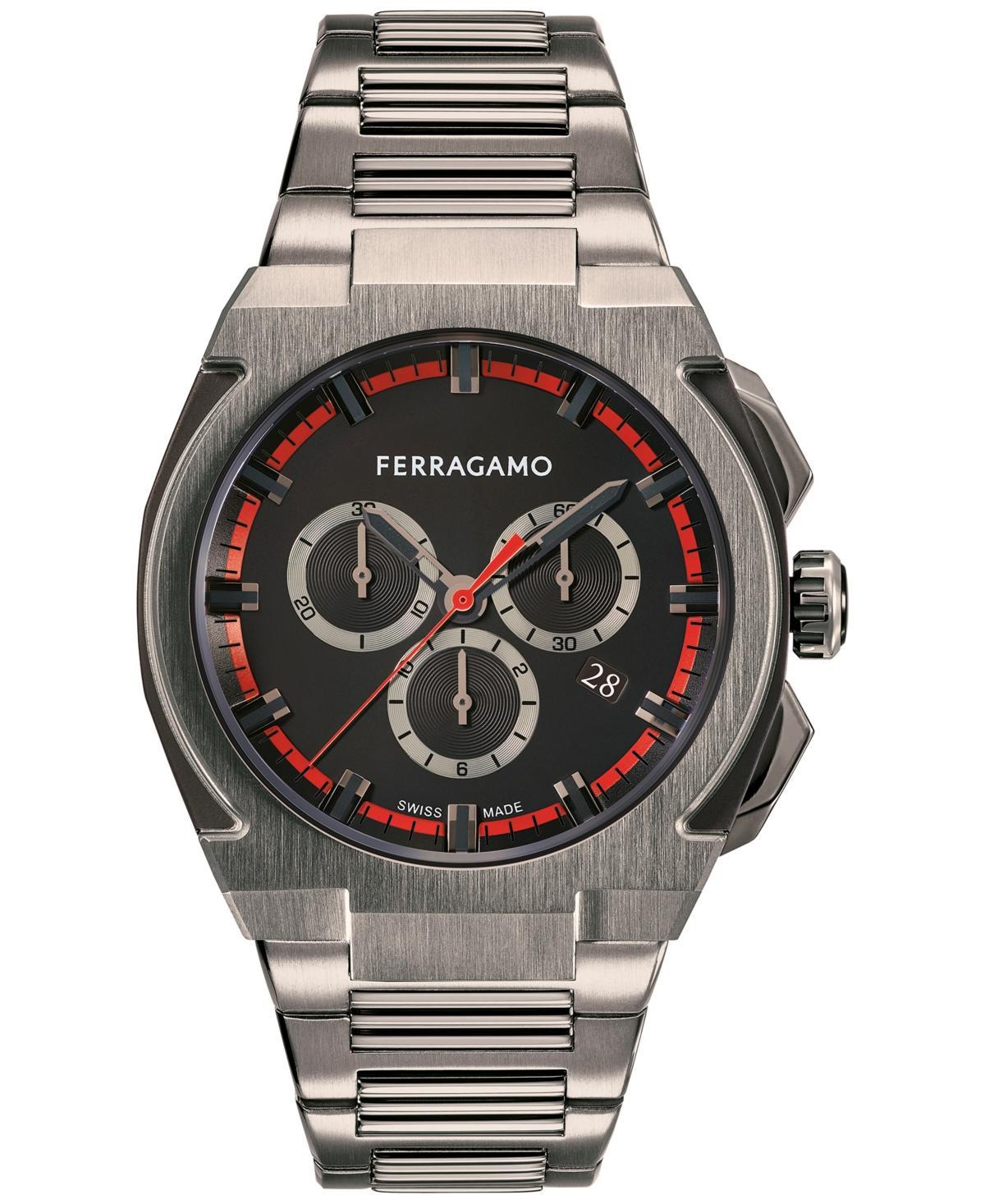 Salvatore Ferragamo Mens Edge Swiss Chronograph Ion-Plated Gunmetal Stainless Steel Bracelet Watch 43mm Product Image