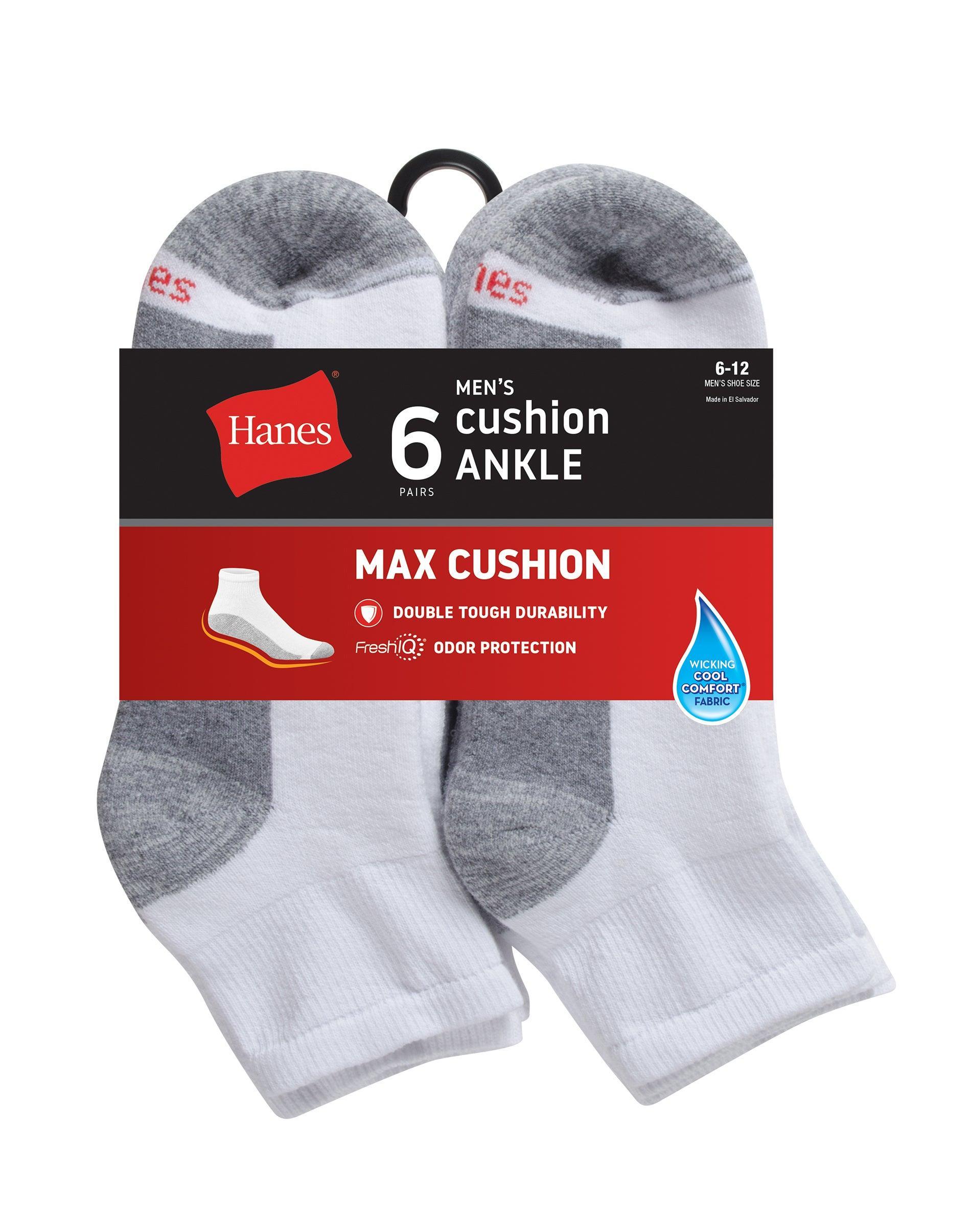 Hanes Double Tough Mens Ankle Socks, Max Cushion, 6-Pairs White/ Grey 6-12 Product Image