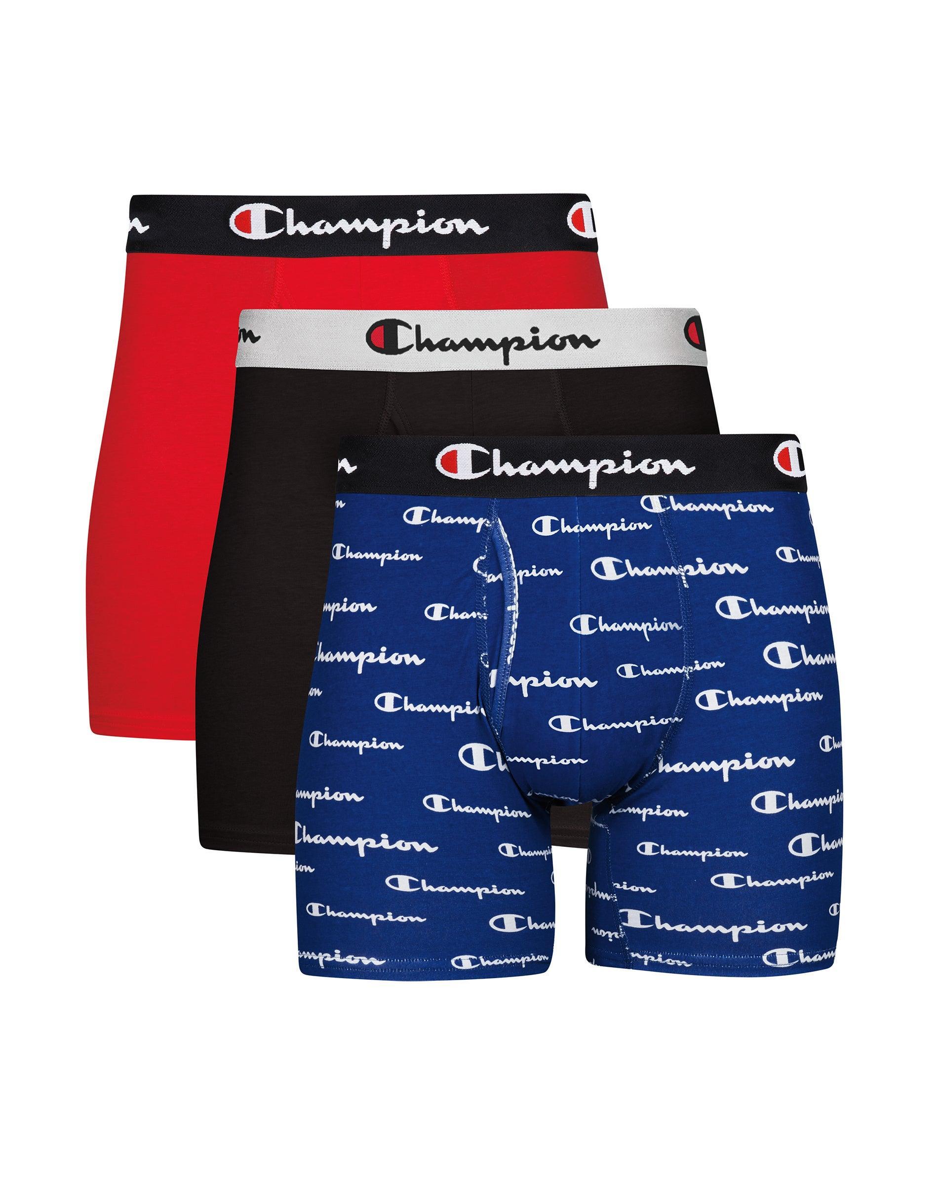 Champion Everyday Comfort Mens Boxer Briefs Pack, Moisture Wicking, Cotton Stretch, 3-Pack Royal White Script Logo/Black/Black/Grey/Red/Black 2XL Product Image