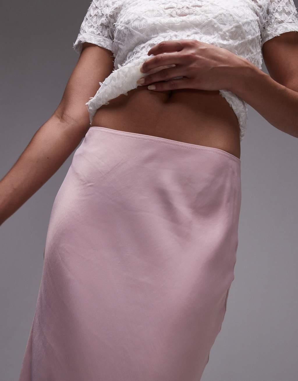 Topshop satin bias maxi skirt in pink with burgundy lace Product Image