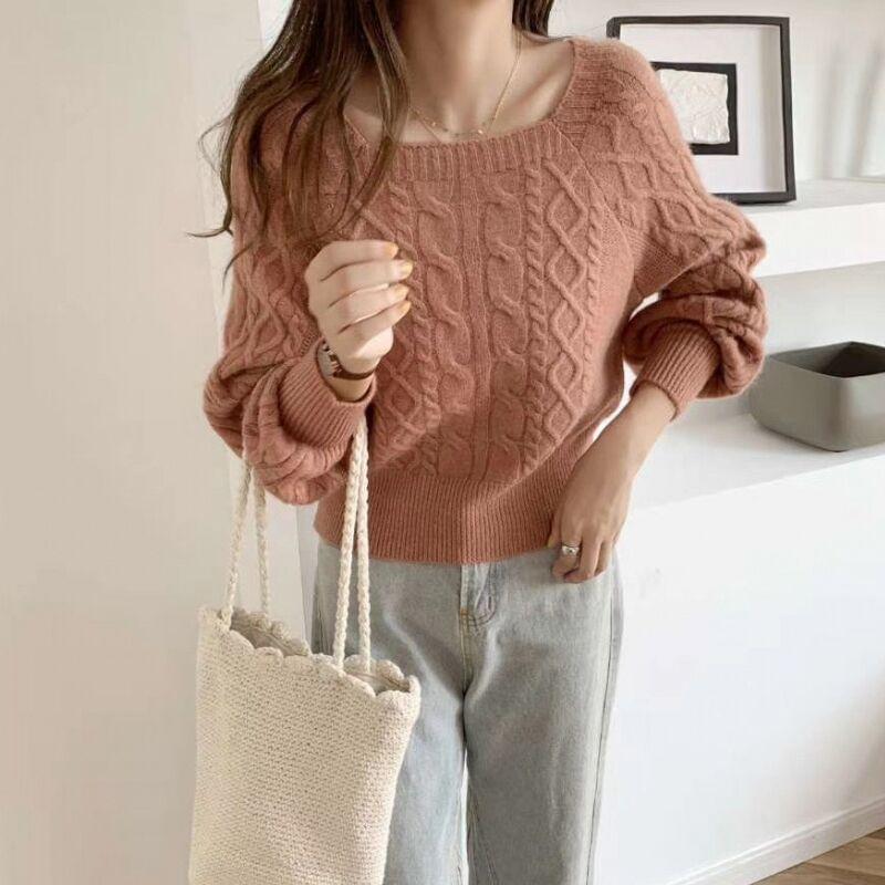 Balloon-Sleeve Cable Knit Plain Sweater Product Image