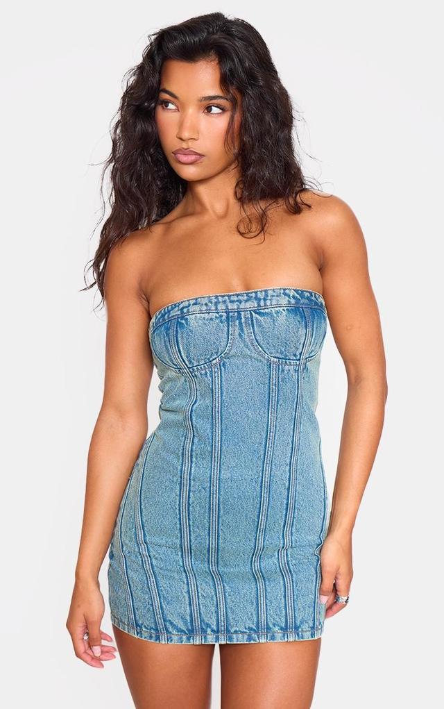 Vintage Wash Strapless Corset Seam Denim Bodycon Dress Product Image