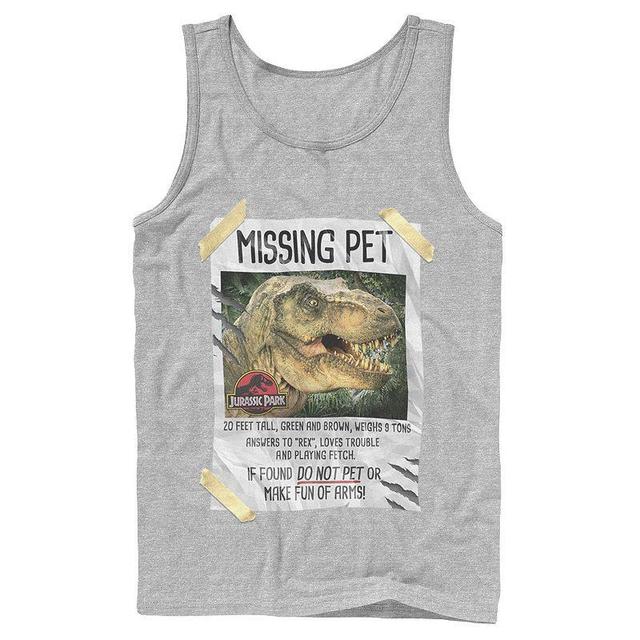 Mens Jurassic Park Missing Pet T-Rex Poster Taped Tank Top Athletic Grey Product Image