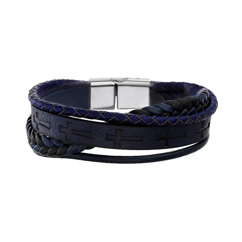 1913 Mens 4 Strand Black & Blue Vegan Leather Bracelet with Stainless Steel Clasp Product Image