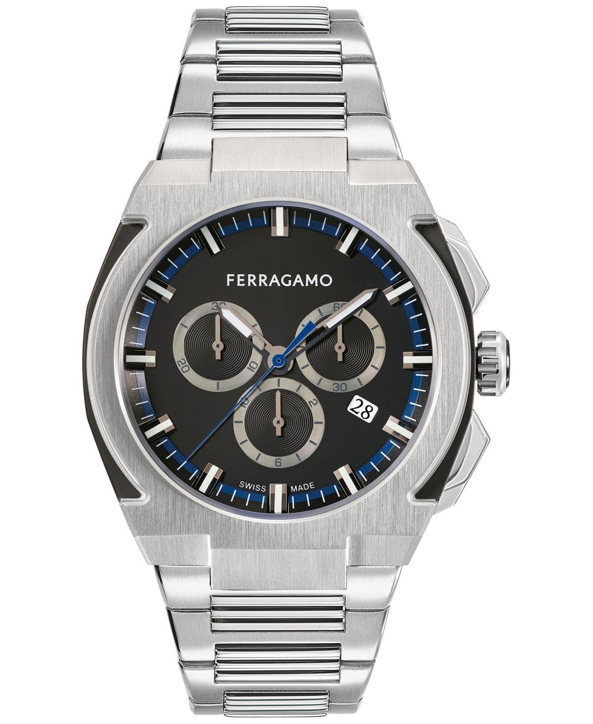 Salvatore Ferragamo Mens Edge Swiss Chronograph Silver-Tone Stainless Steel Bracelet Watch 43mm Product Image