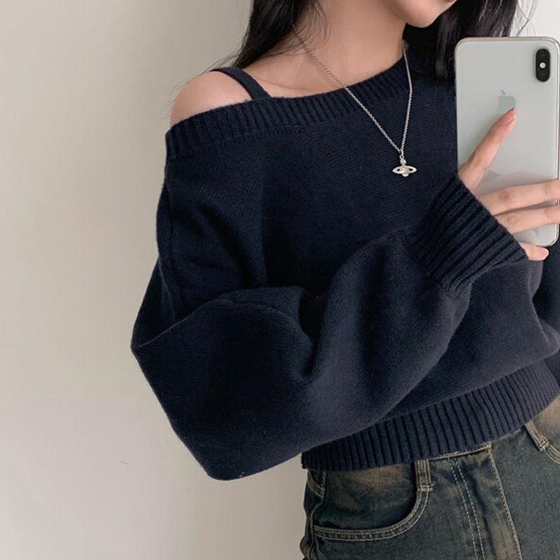 Cold-Shoulder Plain Sweater Product Image