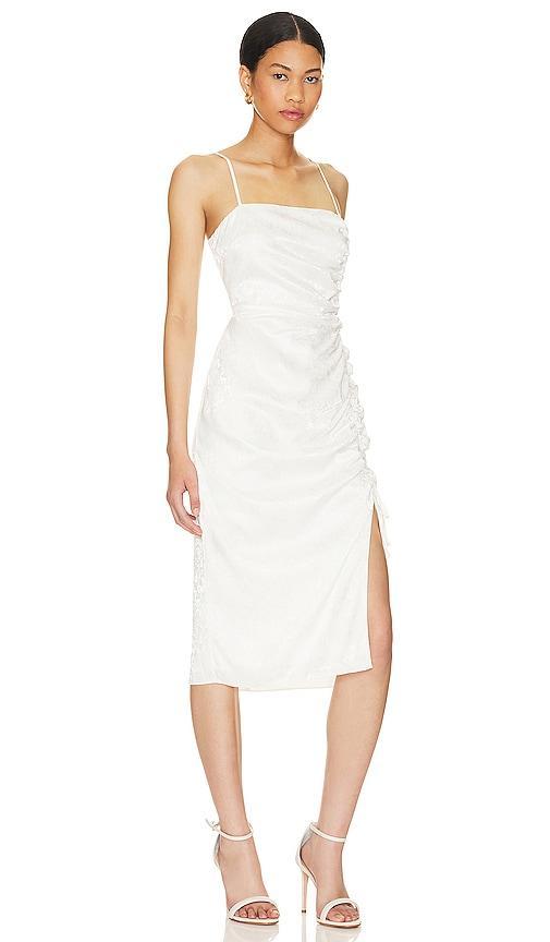 BCBGeneration Ruched Midi Dress in White. Product Image