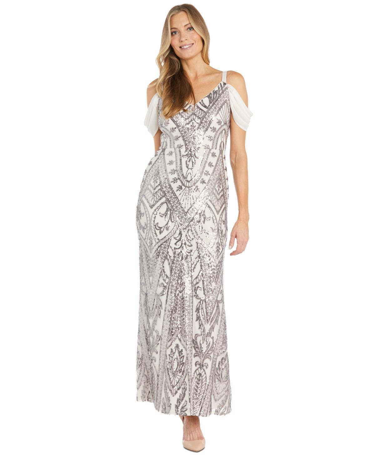 R & M Richards Womens Sequin Embellished Draped Sleeve V-Neck Gown - Ivory Product Image