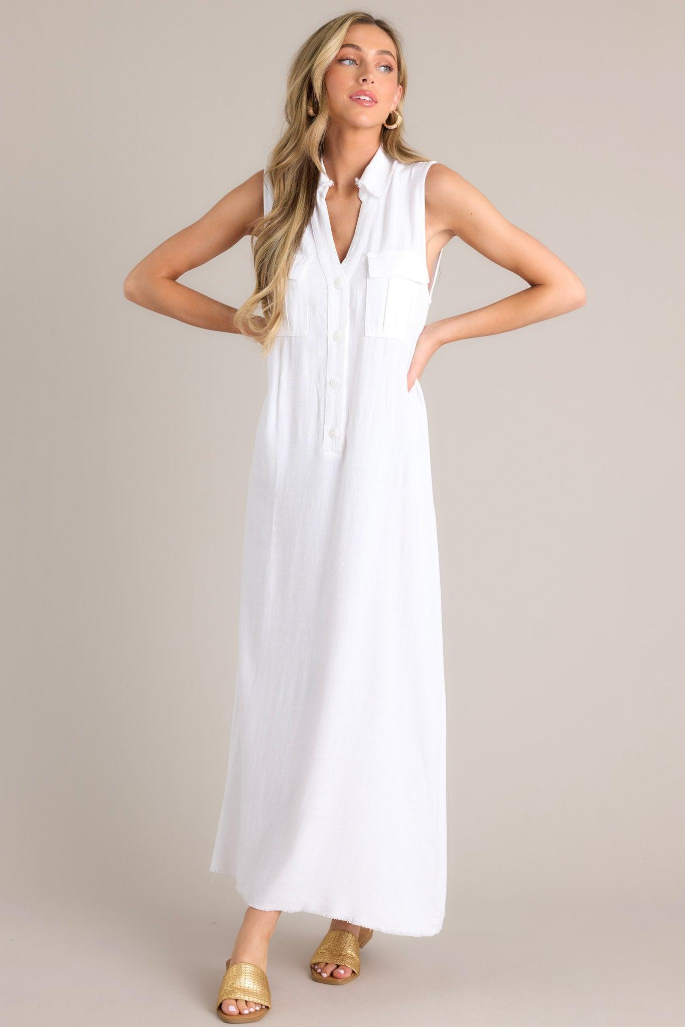 Harbor Breeze White Collared Sleeveless Maxi Dress Product Image