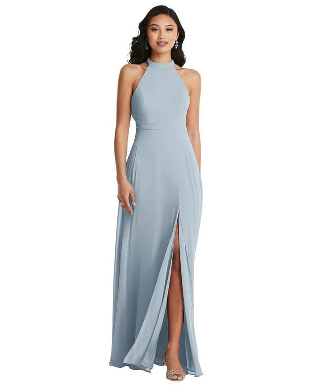 Womens Stand Collar Halter Maxi Dress with Criss Cross Open-Back Product Image