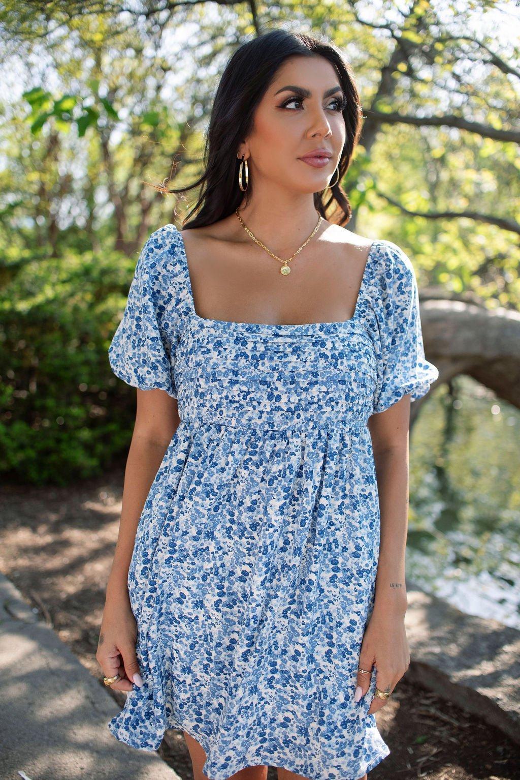 Blue Floral Print Pleated Mini Dress - FINAL SALE Product Image