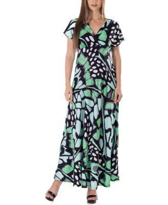 Print V Neck Empire Waist Kimono Cap Sleeve Maxi Dress Product Image