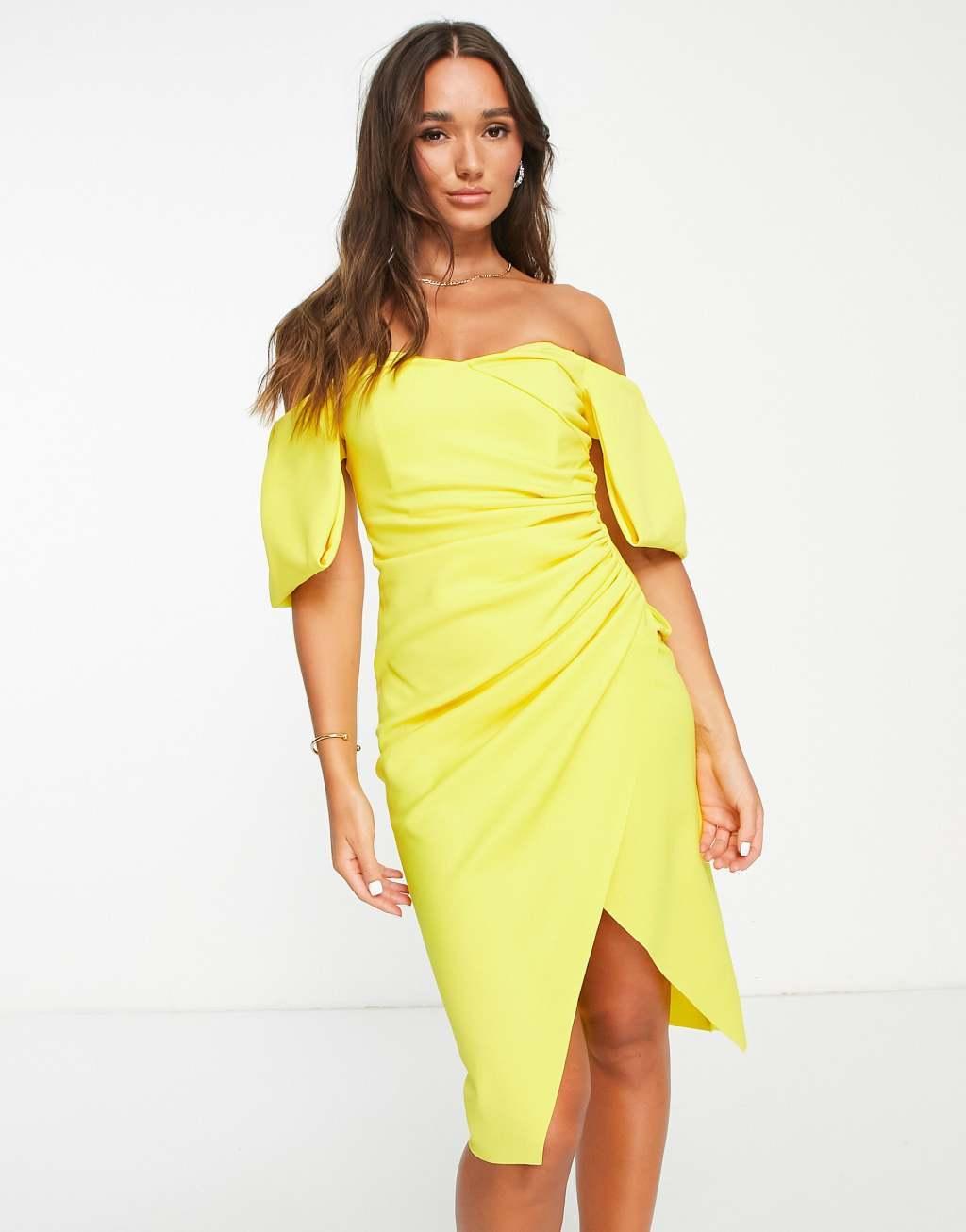 ASOS DESIGN sweetheart neck wrap tuck off shoulder bardot midi dress in saffron Product Image