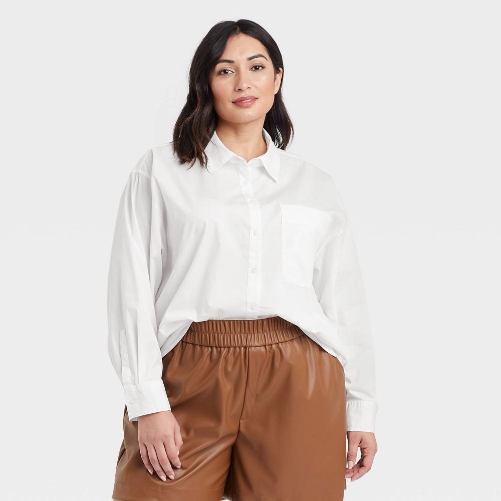 Womens Long Sleeve Oversized Button-Down Boyfriend Shirt - A New Day White 1X Product Image