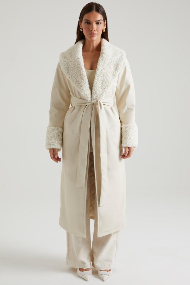 Tie Up Coat with Shearling Collar and Cuffs in Cream Product Image