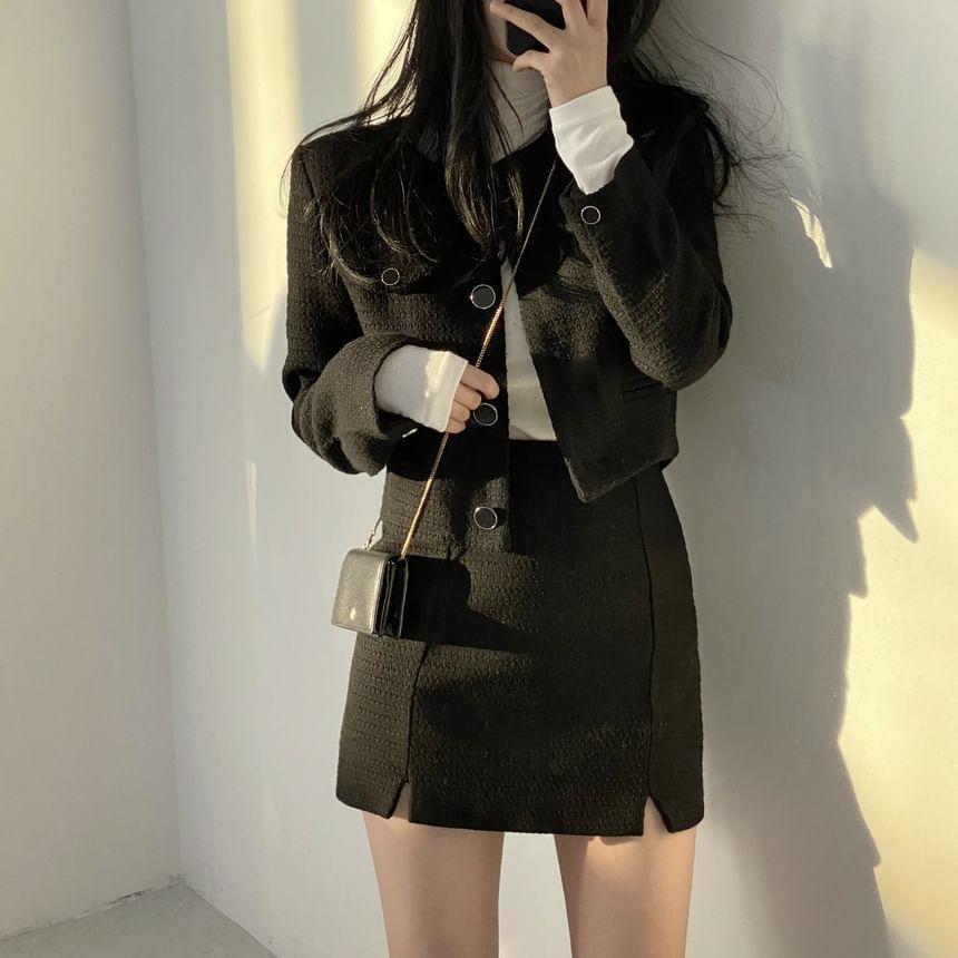 Crew Neck Plain Button-Up Tweed Crop Jacket / High Waist Slit Mini Pencil Skirt Product Image