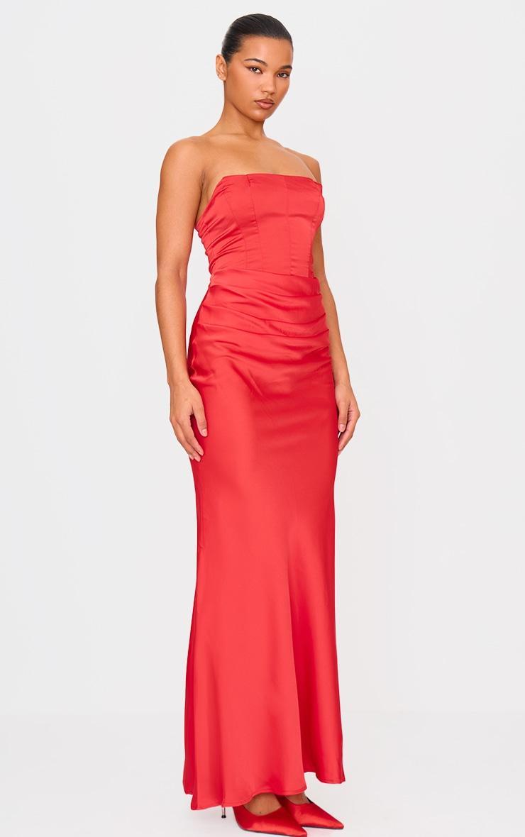 Red Satin Corset Detail Draped Maxi Dress Product Image