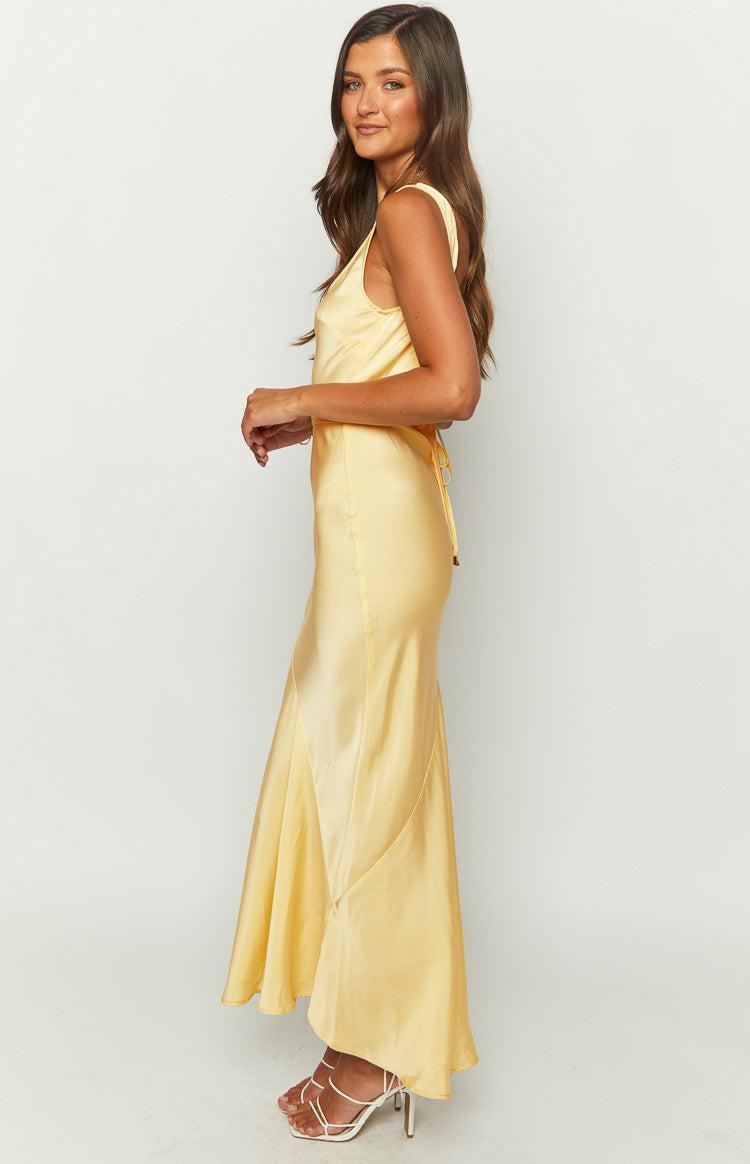 Carnation Yellow Satin Maxi Dress Product Image