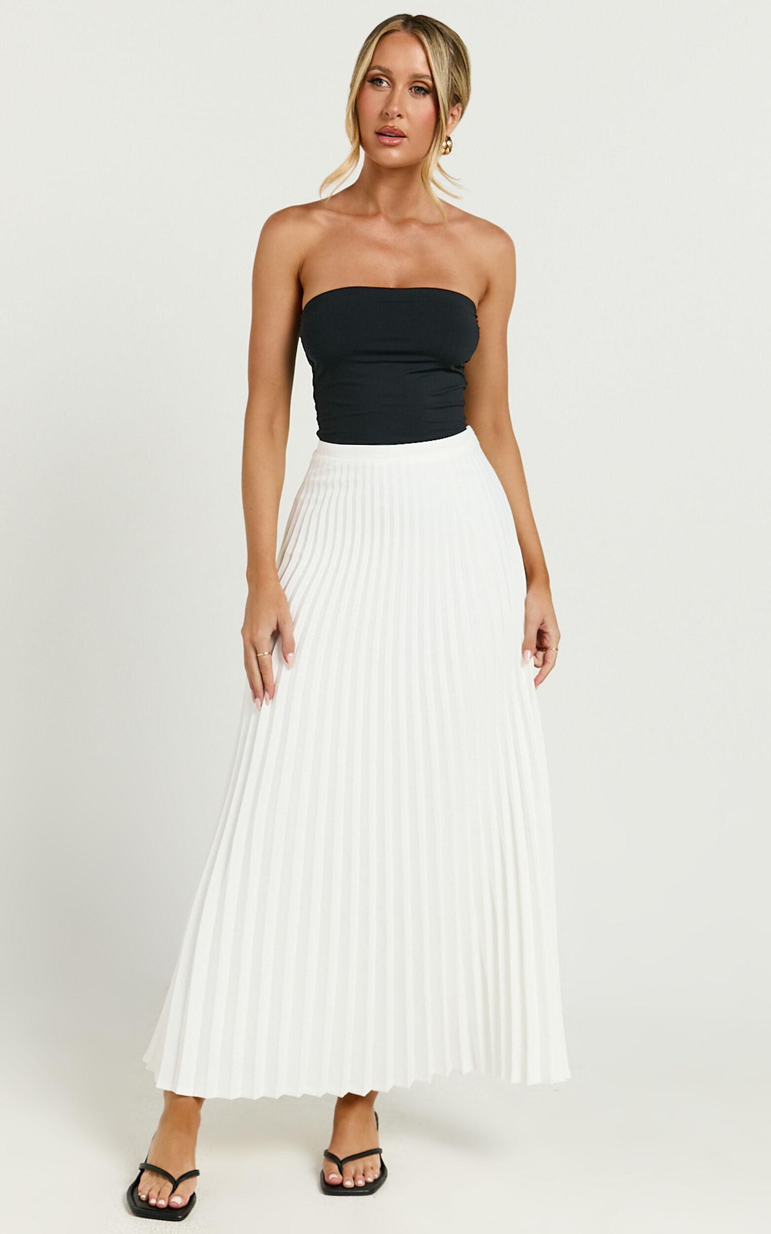 Harlee Midi Skirt - Pleated High Waist A Line Skirt in White Product Image