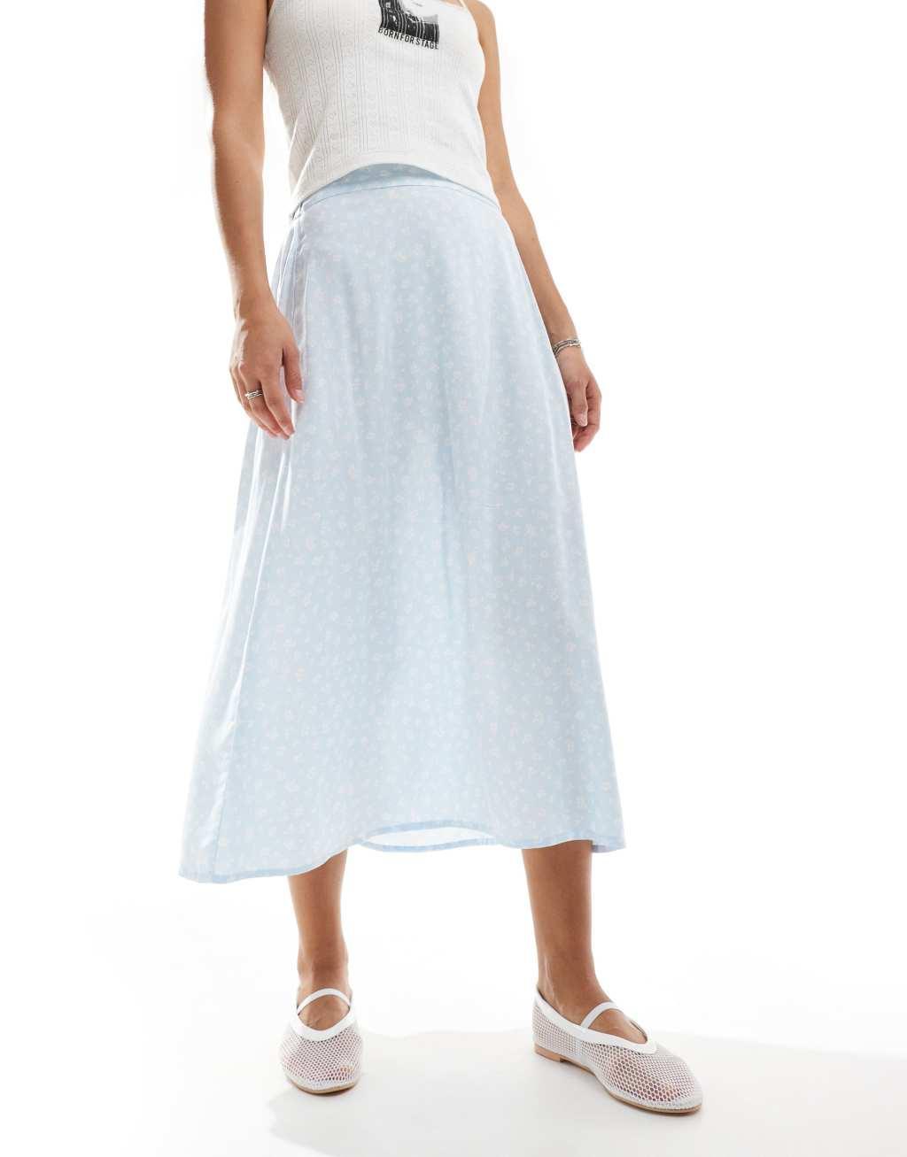 Monki midi skirt in blue meadow floral Product Image