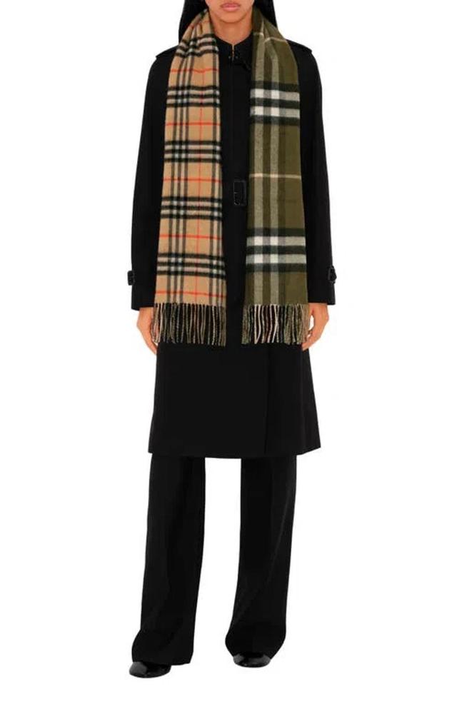 BURBERRY Reversible Check Cashmere Fringe Scarf In Sand/loch Product Image