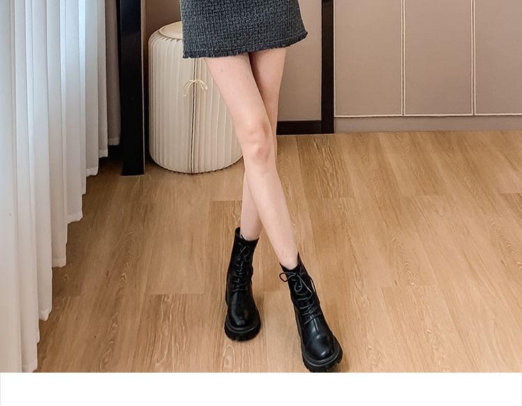 Set: V-Neck Frayed Button-Up Tweed Crop Jacket + High Waist Mini A-Line Skirt Product Image