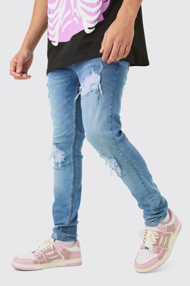 Mens Blue Skinny Stretch Lilac Pu Biker Rip & Repair Jeans, Blue Product Image