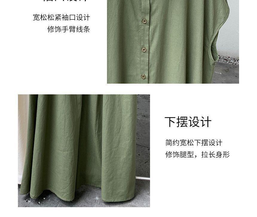 Short-Sleeve Collared Plain Maxi A-Line Shirt Dress Product Image