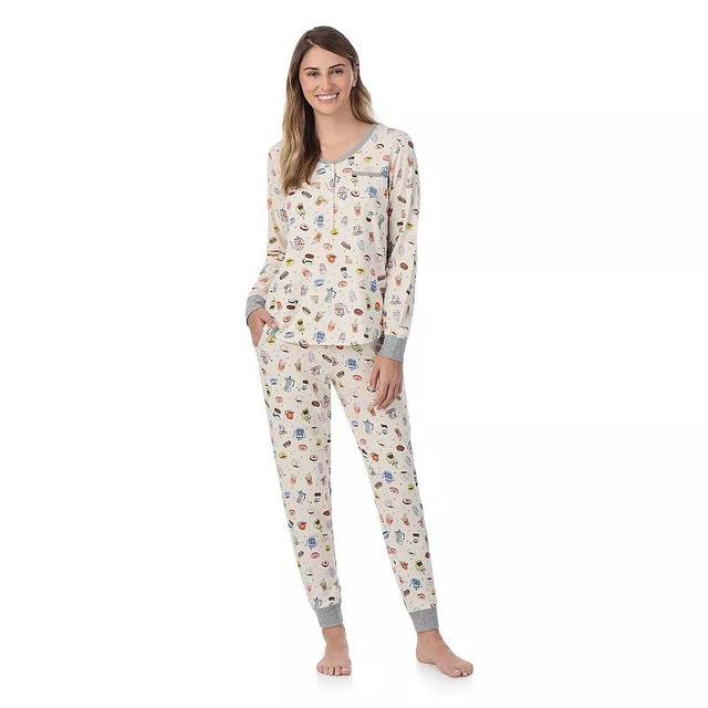 Womens Cuddl Duds Cozy Long Sleeve Henley Pajama Top and Pajama Pants Set Cream Brown Product Image