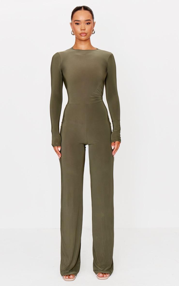 Khaki Slinky Cut Out Back Detail Jumpsuit Product Image