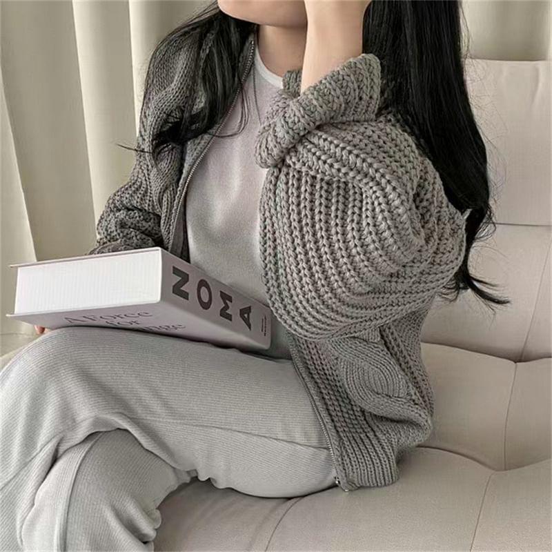 Round Neck Plain Cable Knit Zip Cardigan Product Image