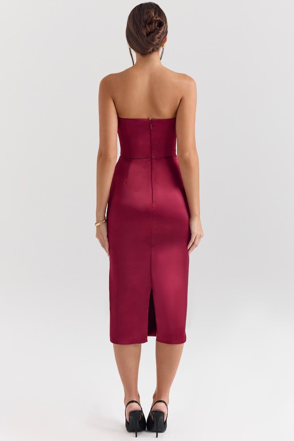 Santana Berry Satin Strapless Midi Dress Product Image