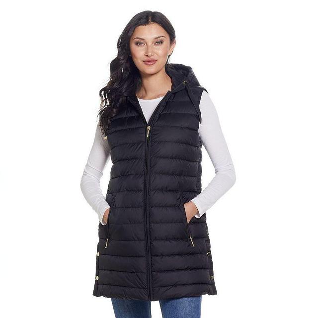 Womens Weathercast Hooded Quilted Long Vest Black Product Image